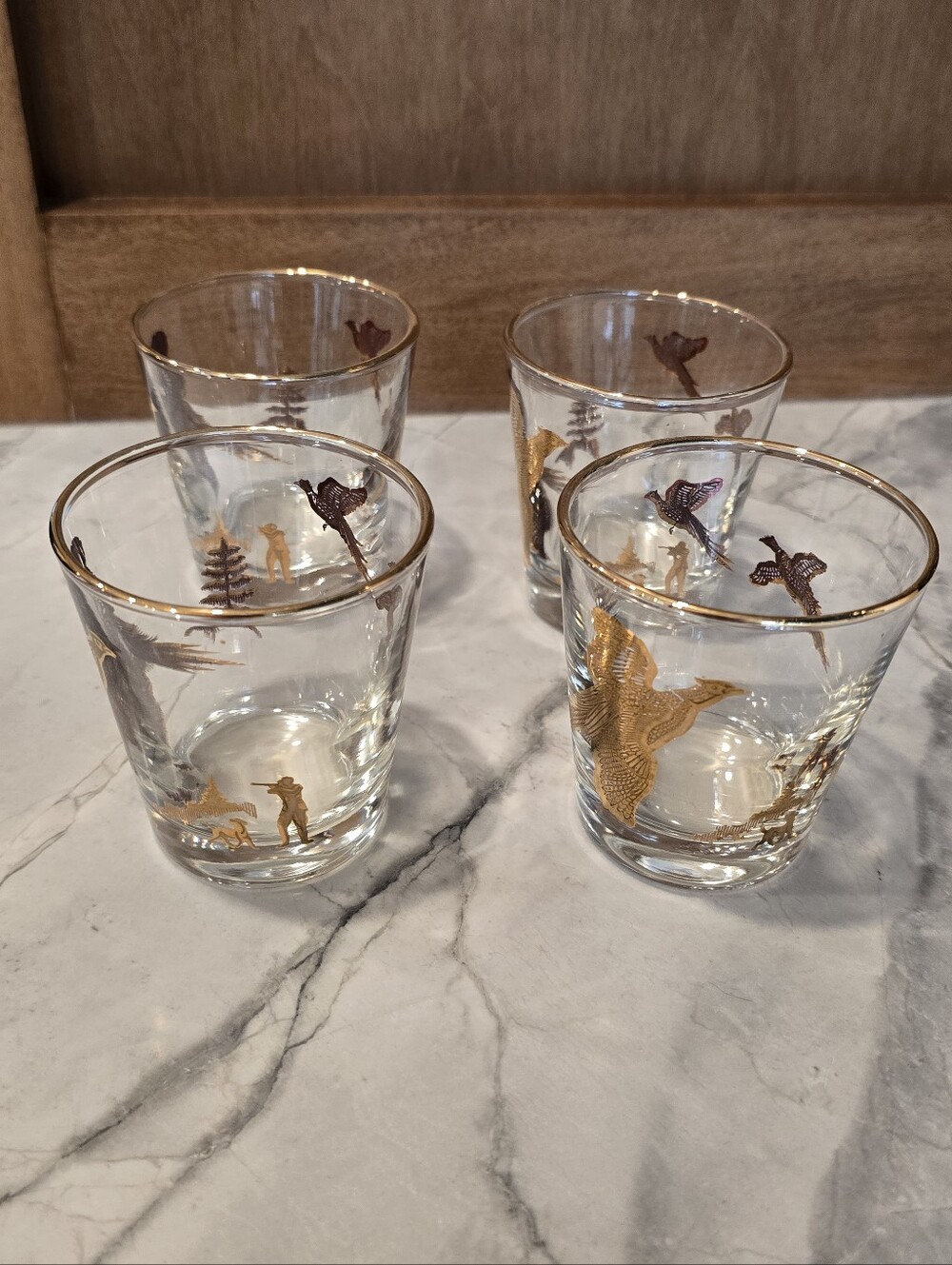 Vintage Mid Century Modern Gold Pheasant Set of 4 Glasses Lowball Bird Cocktail